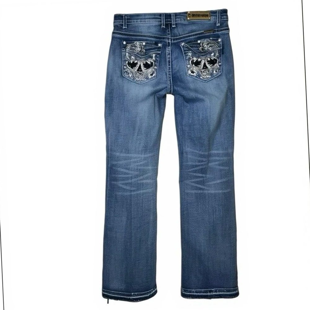 Platinum Plush Cheeky Skull Distressed Embellished Bootcut Jeans